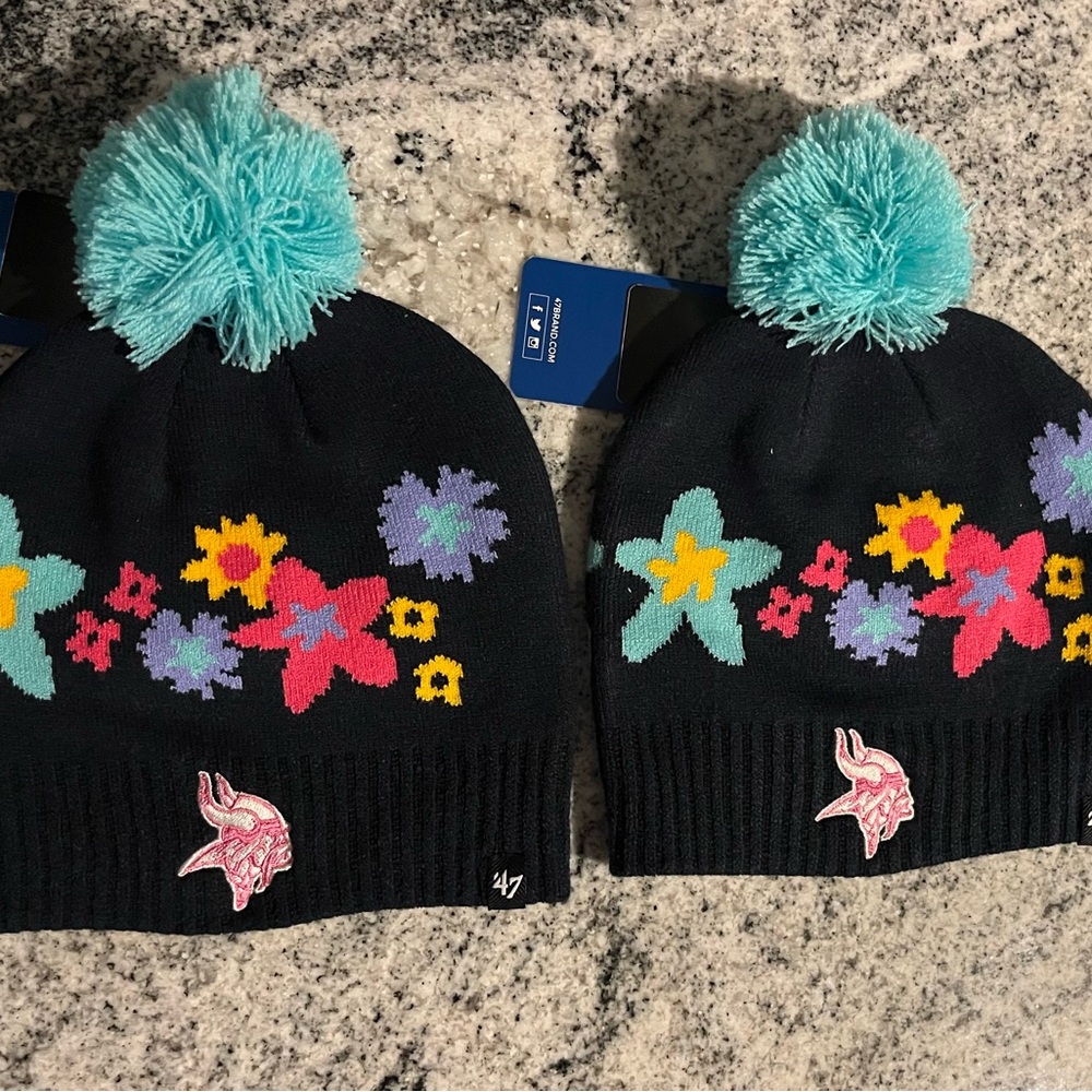 ‘Minnesota Vikings 47 Kids' Black Floral Knit Beanie with Teal Pom Pom